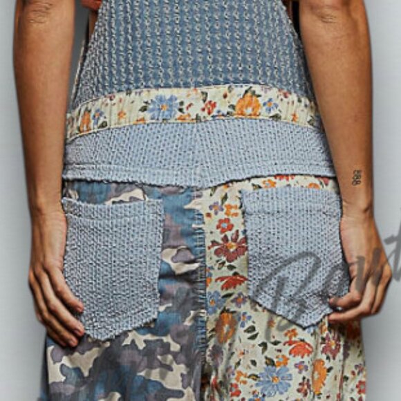 POL Boho Farm Girl Mixed Fabric Cotton Denim Floral Patch Suspender Strap Jeans - Picture 6 of 16